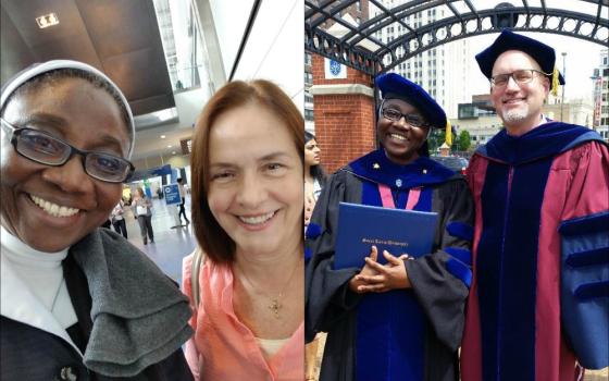 St. Louis Rita Akin-Otiko with (left photo) Gwenis Laura, her intern boss at Loyola Marymount University, and (right photo) Gary Ritter, dean of the School of Education at St. Louis University (Provided photos)