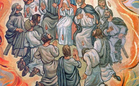 An artist's depiction of a scene from the Pentecost appears in the Cathedral Basilica of St. Louis in the city of St. Louis. (CNS photo/Crosiers)