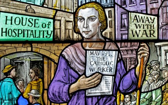 Dorothy Day is depicted in a stained-glass window at Our Lady of Lourdes Church in the Staten Island borough of New York. (CNS/Gregory A. Shemitz) 