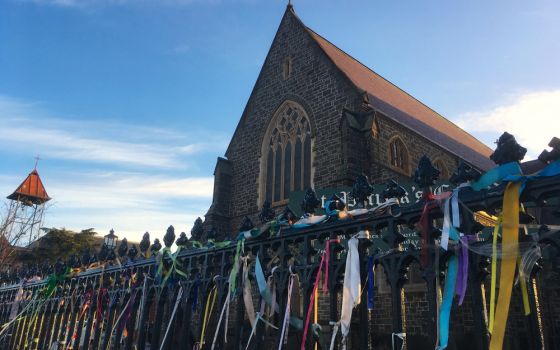 Ribbons hang on the fence outside St. Patrick's Cathedral in Ballarat, Australia, July 23, 2017. The gesture is to remember victims of Catholic Church abuse. (CNS/Reuters/Byron Kaye)