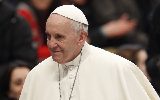 Pope Francis is pictured during his general audience in St. Peter's Basilica at the Vatican Feb. 28. (CNS/Paul Haring)