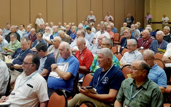 Priests gather for morning prayer June 28 during the assembly of the Association of U.S. Catholic Priests in Albuquerque, New Mexico. (NCR photo/Dan Morris-Young)