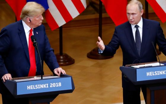 U.S. President Donald Trump and Russian President Vladimir Putin hold a joint news conference after their July 16 meeting in Helsinki, Finland. (CNS/Reuters/Leonhard Foeger)