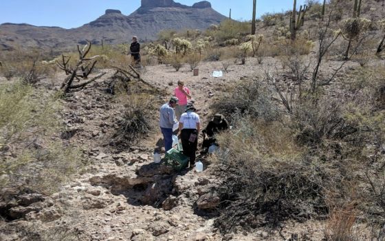 Members of the humanitarian aid organization Tucson Samaritans count used water containers in May 2018 and replace them with full ones for migrants trying to cross the border in the Sonoran Desert northeast of Ajo, Arizona. (GSR photo/Peter Tran)