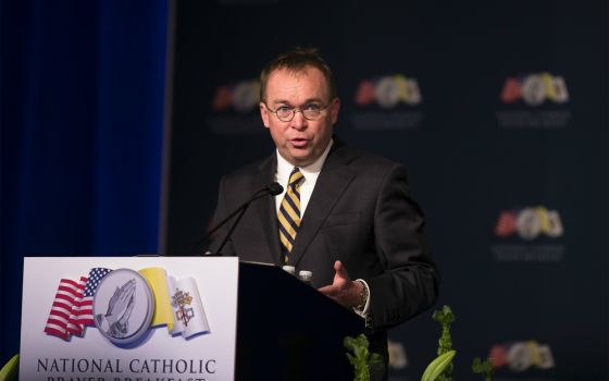 Mick Mulvaney, former Trump White House chief of staff, speaks April 23, 2019, during the National Catholic Prayer Breakfast in Washington. Last week, Mulvaney did a "virtual town hall" with supporters of CatholicVote.org. (CNS/Tyler Orsburn)