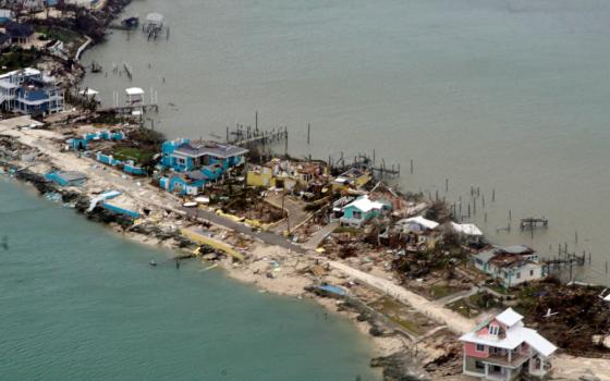 An aerial view shows Hurricane Dorian damage over an unspecified location in the Bahamas in this Sept. 3, 2019, photo. During Pope Francis' Sept. 4 flight to Maputo, Mozambique, the pontiff asked journalists to pray for victims of Hurricane Dorian, especi