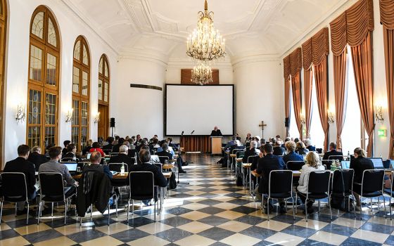 Cardinal Reinhard Marx of Munich and Freising gestures Sept. 13, 2019, during the extended Joint Conference of Bishops and Laity to prepare the "Synodal Way." (CNS/KNA/Harald Oppitz)