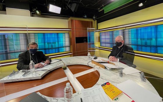 Detroit Archbishop Allen Vigneron, vice president of the U.S. Conference of Catholic Bishops, and Los Angeles Archbishop José Gomez, conference president, are pictured in the studio at conference headquarters in Washington Nov. 16, 2020. (CNS)