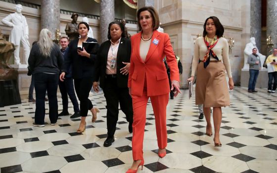 U.S. House Speaker Nancy Pelosi, D-Calif., returns to her office at the U.S. Capitol in Washington Feb. 5, the day of U.S. President Donald Trump's acquittal in the U.S. Senate. (CNS/Reuters/Jonathan Ernst)