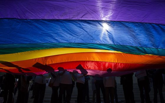 In this 2015 file photo, LGBTQ supporters wave a flag outside the U.S. Supreme Court in Washington. (CNS/Tyler Orsburn)