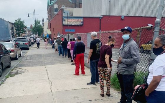 The line outside of the Fr. English Food Pantry in Paterson, New Jersey, stretches through several city blocks June 8 for people seeking food assistance from the program run by Catholic Charities of the Paterson Diocese. (CNS)