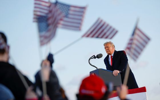 President Donald Trump speaks at Joint Base Andrews in Maryland Jan. 20, 2021, ahead of President-elect Joe Biden's inauguration. (CNS/Reuters/Carlos Barria)