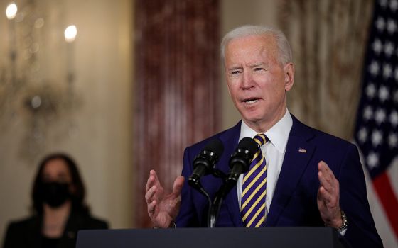 President Joe Biden delivers a foreign policy address during a visit to the State Department in Washington Feb. 4. Biden said he plans to sign an executive order to begin the process of raising the refugee admissions cap up to 125,000. The number was dras