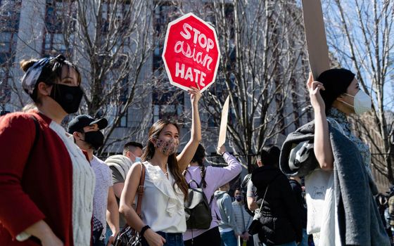 People in New York City are seen during a Rally Against Hate March 21 to protest discrimination and violence against Asian Americans and Pacific Islanders. (CNS/Reuters/Eric Lee)