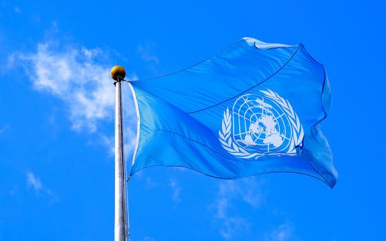 The U.N. flag is seen during the 74th session of the United Nations General Assembly at the world body's headquarters Sept. 24, 2019, in New York City. (CNS/Reuters/Yana Paskova)