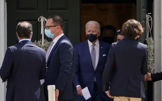 President Joe Biden departs church after the confirmation of his grandson Hunter at St. Joseph on the Brandywine Catholic Church in Greenville, Delaware, April 18. (CNS/Reuters/Kevin Lamarque)