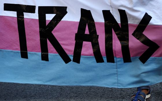 Pete, 9, a transgender minor, holds a banner as he takes part in a protest to mark LGBT Pride Day in Madrid, June 28. (CNS/Reuters/Sergio Perez)