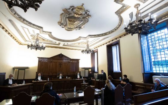 This Oct. 14, 2020, file photo shows the Vatican City State criminal court during the opening of the trial of Fr. Gabriele Martinelli and Msgr. Enrico Radice. (CNS/Vatican Media)