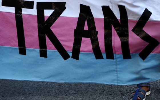 A person holds a "Trans" banner in this illustration photo. (CNS/Reuters/Sergio Perez)