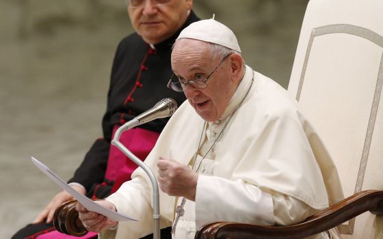 Pope Francis leads his general audience in the Paul VI hall at the Vatican Aug. 25, 2021. (CNS photo/Paul Haring)