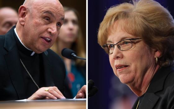 Auxiliary Bishop Mario E. Dorsonville of Washington, who is the chairman of the U.S. bishops' migration committee, and Dominican Sister Donna Markham, president and CEO of Catholic Charities USA, are seen in this composite photo. (CNS composite; photos by