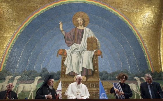 Cardinal Angelo De Donatis, grand chancellor of Rome's Pontifical Lateran University; Ecumenical Patriarch Bartholomew of Constantinople; Pope Francis, Audrey Azoulay, director-general of UNESCO; and Vincenzo Buonomo, the university's rector, meet at the 