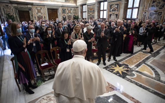 Pope Francis leads an audience with members of the Centesimus Annus Pro Pontifice Foundation at the Vatican Oct. 23, 2021. The organization promotes the social teaching of the Catholic Church, in particular the teaching in St. John Paul II’s Encyclical “C