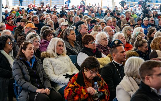 Church Militant supporters listen to presentations Nov. 16, 2021, at a rally in Baltimore near the hotel where the U.S. Conference of Catholic Bishops was holding its fall general assembly Nov. 15-18. (CNS photo/Kevin J. Parks, Catholic Review)