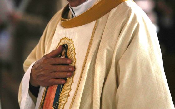 A clergyman touches an image of Our Lady of Guadalupe on his vestments during Mass Nov. 21, 2021, at the opening of the Nov. 21-28 Ecclesial Assembly of Latin America and the Caribbean, in Mexico City. (CNS/Emilio Espejel)