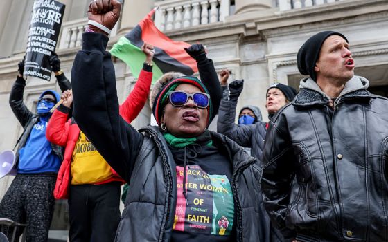 Protesters in Kenosha, Wisconsin, demonstrate on the third day of jury deliberations in the Kyle Rittenhouse trial Nov. 18. Rittenhouse was acquitted Nov. 19 in the shooting deaths of two people and the wounding of another in 2020. (CNS)