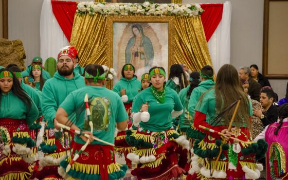 A group of matachines dances Dec. 12, 2021, in the parish hall of the Cathedral of the Immaculate Conception in Wichita, Kan. (CNS photo/Christopher M. Riggs, Catholic Advance)