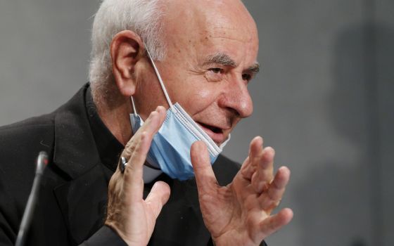 Archbishop Vincenzo Paglia, president of the Pontifical Academy for Life, speaks at a news conference at the Vatican Sept. 28, 2021. (CNS photo/Paul Haring)