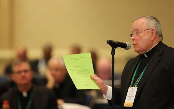 Philadelphia Archbishop Charles J. Chaput speaks from the floor during the fall general assembly of the U.S. Conference of Catholic Bishops in Baltimore Nov. 11, 2019. (CNS photo/Bob Roller) 