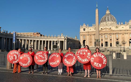 Outside the consistory of cardinals convened by Pope Francis at the Vatican in late August, women call for greater inclusion of women at all levels of the church. (Courtesy of Women's Ordination Conference)