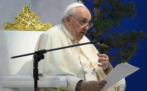 Pope Francis speaks during a meeting with young people at Sacred Heart School in Awali, Bahrain, Nov. 5, 2022. (CNS photo/Vatican Media)