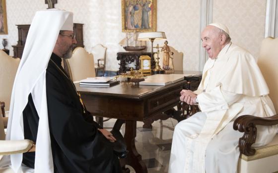 Pope Francis speaks with Ukrainian Archbishop Sviatoslav Shevchuk of Kyiv-Halych during a private meeting at the Vatican Nov. 7, 2022. 