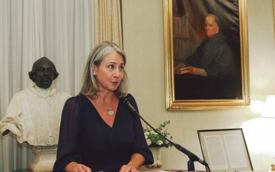 Krisanne Vaillancourt Murphy, executive director of the Catholic Mobilizing Network, speaks at the Vatican Embassy in Washington Oct. 10, 2022, about World Day Against the Death Penalty. 