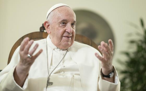 Pope Francis speaks during an interview with the top staff of America magazine at the Vatican Nov. 22, 2022. During the wide-ranging interview, Pope Francis talked about polarization in the church, the role of women, the ministry of bishops, and more. (CNS photo/Antonello Nusca, America Media)