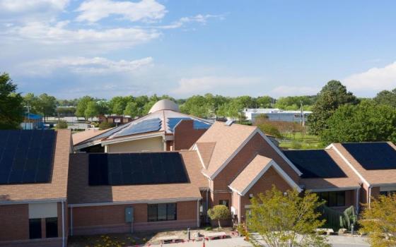 The Church of St. Therese in Chesapeake, Va., seen April 21, 2020, is one four churches in the Diocese of Richmond that had solar panels installed in 2020. (CNS/Catholic Virginian/Vy Barto)