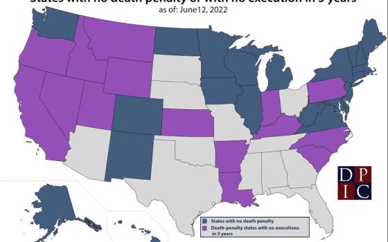 A map shows the states with no death penalty or with no execution in five years; there are only twelve states that don't fall in either category