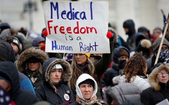 People in Albany, New York, demonstrate against COVID-19 vaccine mandates Jan. 5. (CNS/Reuters/Mike Segar)