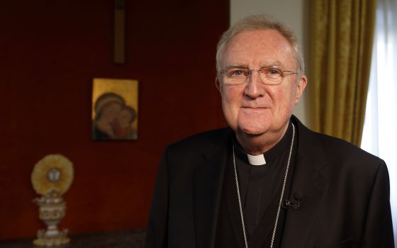 Archbishop Arthur Roche, prefect of the Congregation for Divine Worship and the Sacraments, is pictured during an interview with Catholic News Service at the congregation at the Vatican Jan. 21, 2022. (CNS photo/Paul Haring)