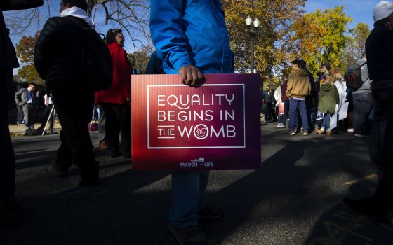 A pro-life advocate is seen near the U.S. Supreme Court Dec. 1, 2021, the day justices heard oral arguments in Dobbs v. Jackson Women's Health Organization about a Mississippi law banning most abortions after 15 weeks. (CNS photo/Tyler Orsburn)