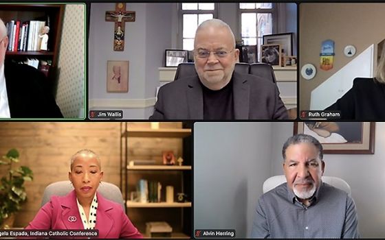 Panelists for a Georgetown University dialogue. Clockwise from top left: John Carr of the Initiative on Catholic Social Thought and Public Life at Georgetown; the Rev. Jim Wallis of the Center on Faith and Justice in the McCourt School of Public Policy at