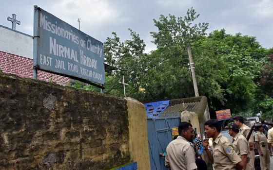 Police stand outside a Missionaries of Charity home that provides shelter for pregnant unmarried women in Ranchi, India, on July 4, 2018. (CNS/Reuters)