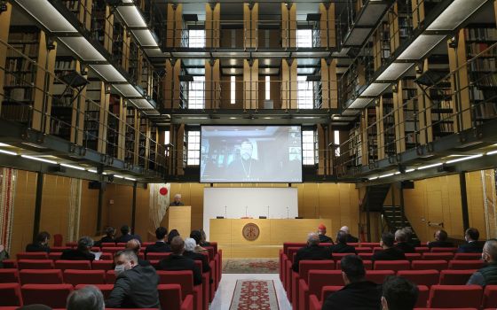 Archbishop Sviatoslav Shevchuk of Kyiv-Halych, major archbishop of the Ukrainian Catholic Church, speaks from Ukraine via video link to a conference at the Pontifical Oriental Institute in Rome March 29, 2022. (CNS photo/courtesy Pontifical Oriental Insti