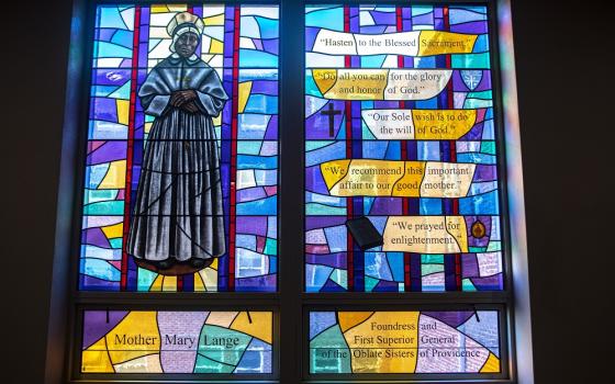 An image of Mother Mary Lange, foundress of the Oblate Sisters of Providence, in a stained-glass window in the chapel of the religious order's motherhouse near Baltimore (CNS/Chaz Muth)