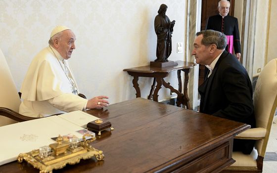 Pope Francis talks with Joe Donnelly, new U.S. ambassador to the Holy See, during a meeting for the ambassador to present his letters of credential, April 11 at the Vatican. (CNS/Vatican Media)