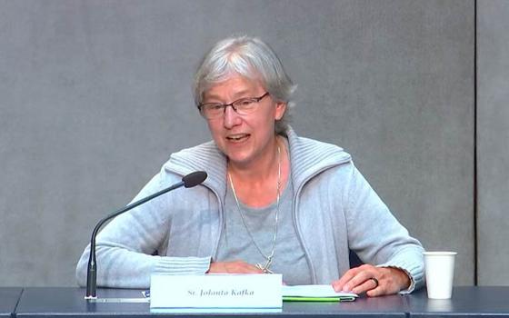 Claretian Sr. Jolanta Kafka, president of the International Union of Superiors General, speaks to reporters April 29 at the Vatican about the UISG plenary assembly to be held May 2-6 online and in Rome. (CNS/Vatican Media)