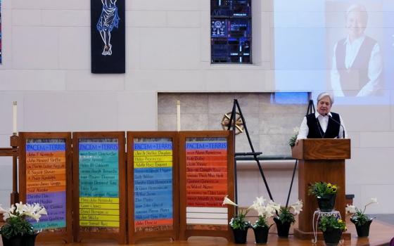 Sr. Norma Pimentel, director of Catholic Charities of the Rio Grande Valley in Texas, speaks about her work at the U.S.-Mexico border after receiving the Pacem in Terris Peace and Freedom Award on April 21 in Christ the King Chapel at St. Ambrose Universi